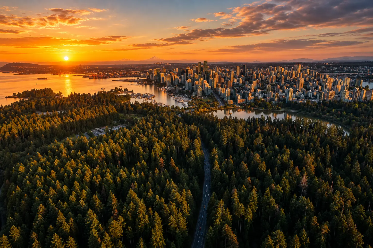 Aerial view of Stanley Park's forest giving way to the downtown Vancouver skyline at sunset