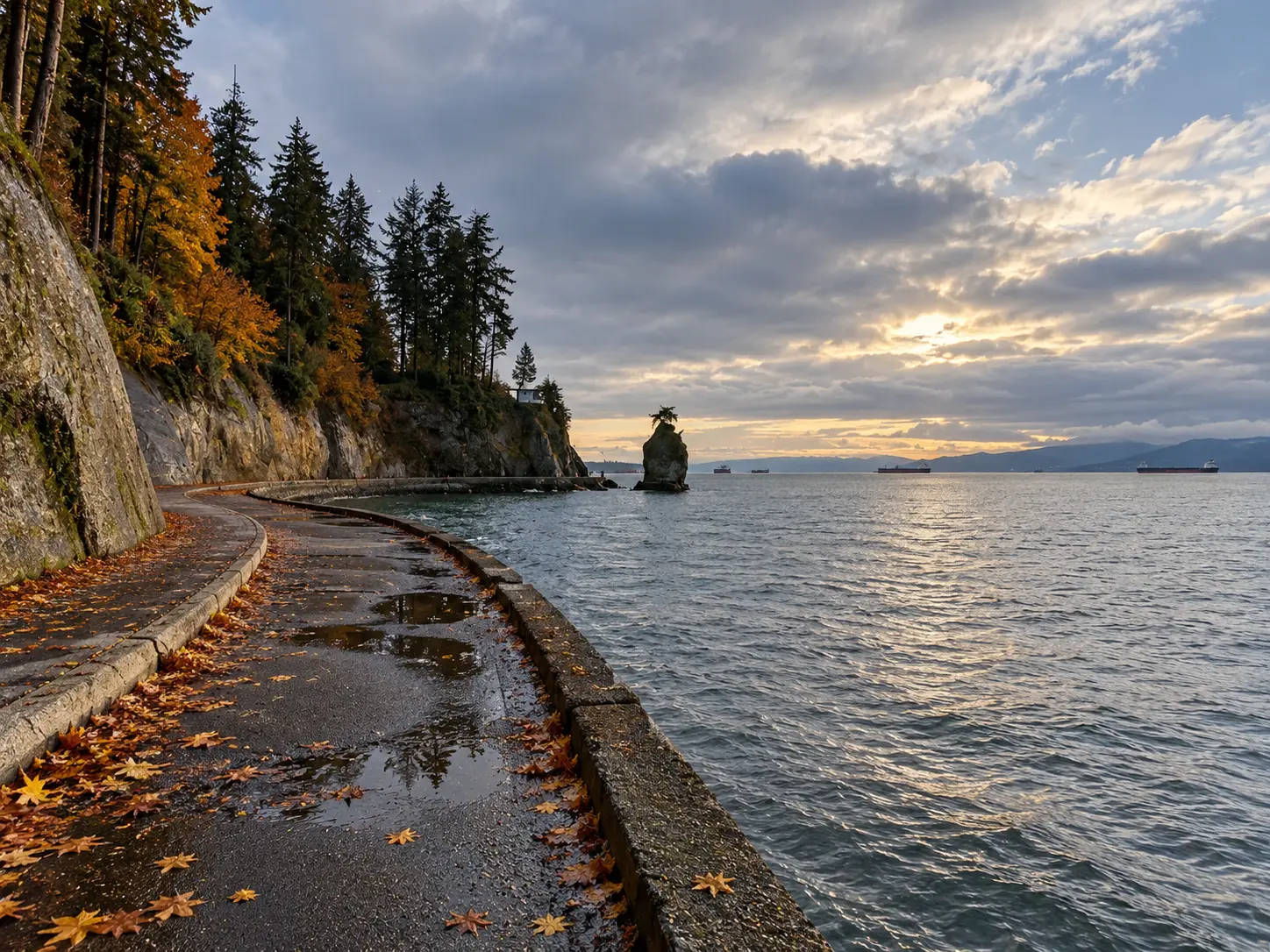 The Stanley Park seawall curving along the water's edge